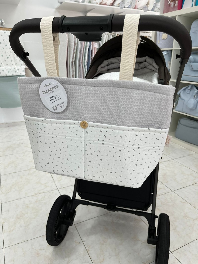 CONJUNTO CUBRECAPAZO, SACO Y BOLSO FLORECITAS GRIS